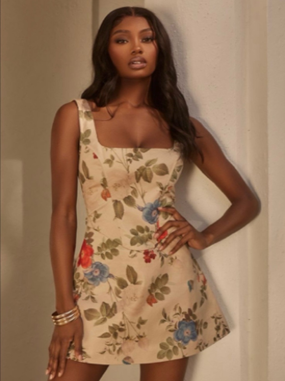 PrettyLittleThing Beige Floral Square-Neck Mini Dress